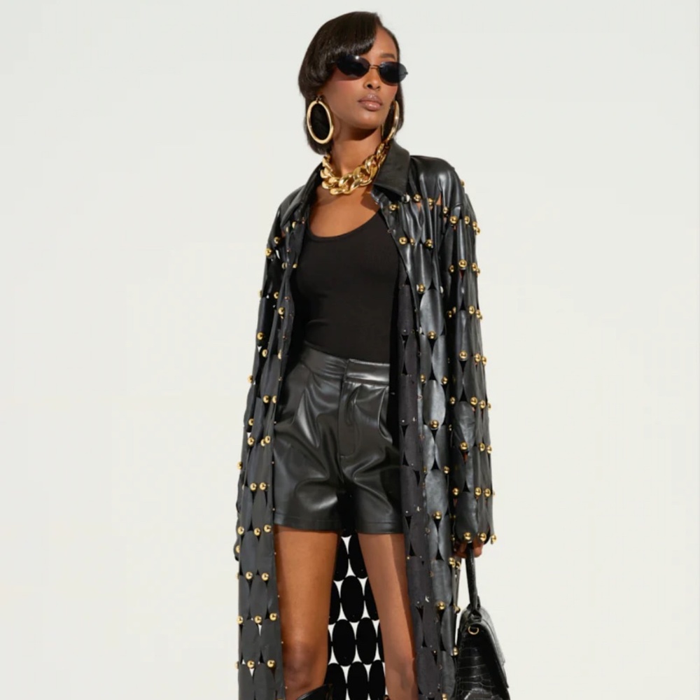 AKIRA THE SNEAK PEEK STUDDED PU LONG CARDIGAN IN BLACK Size M